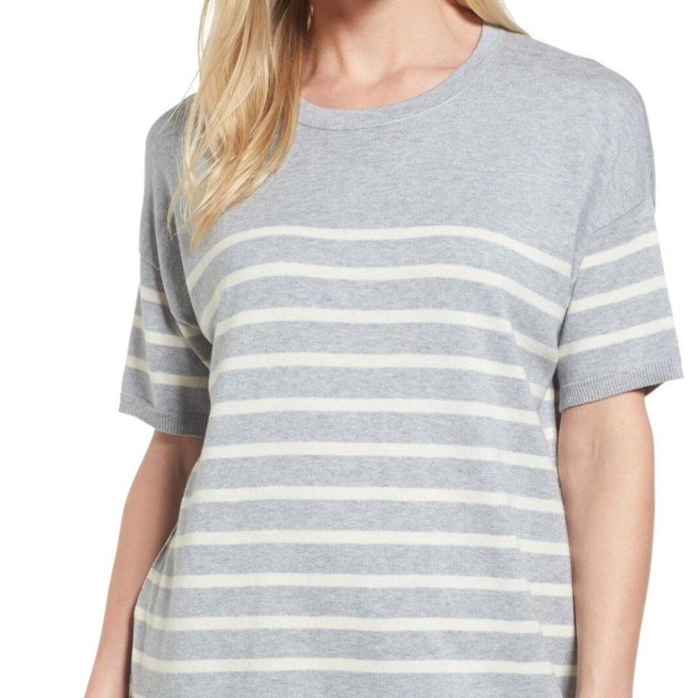 Eileen Fisher Dark Pearl And White Stripe Organic Cotton Sweater